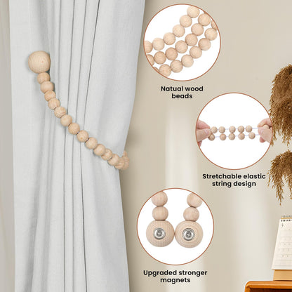 KLOGTSIND Magnetic Curtain Tiebacks, Curtain Holdbacks for Curtains 2 Pack, Wood Bead Curtain Holders for Boho Bedroom Decor, Baby Nursery Decor, Farmhouse Decor