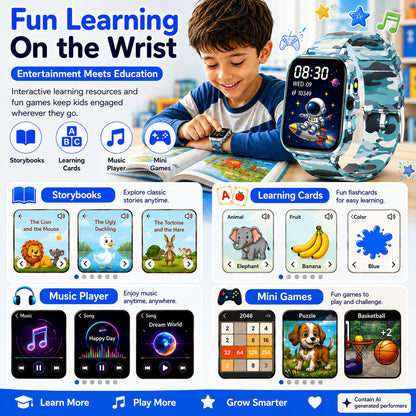 Smart Watch for Kids Boys Age 5-12, Ai Functions Games HD Touch Screen Watches with Video Camera Music Player Pedometer Heart Rate Sleep Tracker Christmas Birthday Gifts for Boys (Camouflage, 1.85")