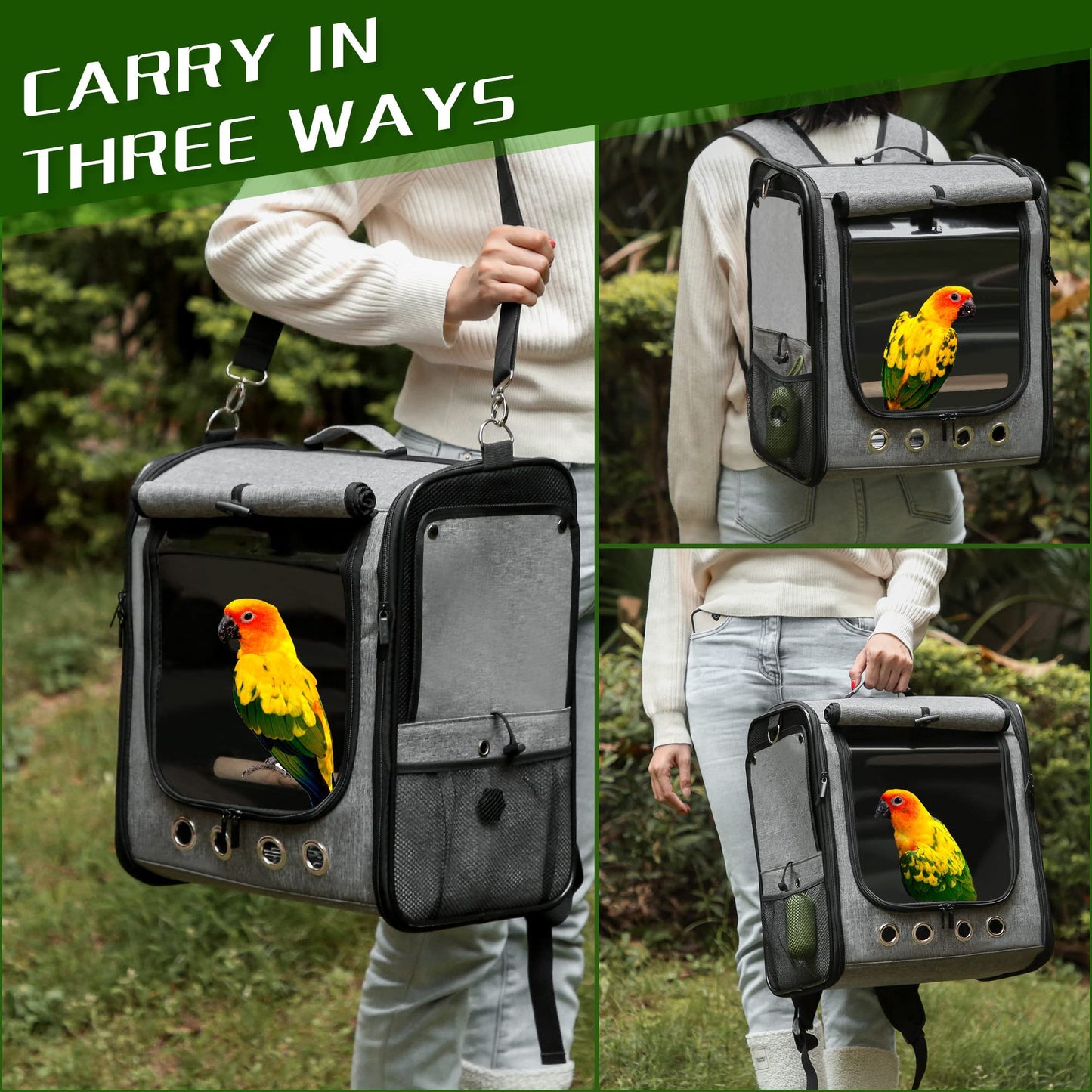Bird Carrier Bag with Stand, Lightweight Backpack for Parrot, Portable Cockatiel Travel Cage with Accessories, Pet Transparent Breathable Carrier, Gray