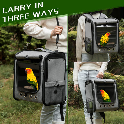 Bird Carrier Bag with Stand, Lightweight Backpack for Parrot, Portable Cockatiel Travel Cage with Accessories, Pet Transparent Breathable Carrier, Gray
