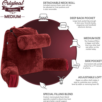 Husband Pillow XXL The Original for Adults - 30" Tall Backrest for Sitting Up in Bed - Firm Support Reading & Bed Rest Pillows for Adults, Neck Roll, Removable Cover - TV - Dark Grey
