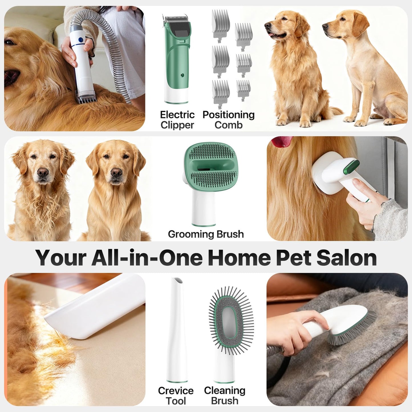 Buenkee Dog Grooming Vacuum Kit, 15000Pa Clipper, Shedding Brush, 2L, White | Brush, trim and deshed at home with less flying fur, mess-control suction and fewer emptying breaks during longer sessions