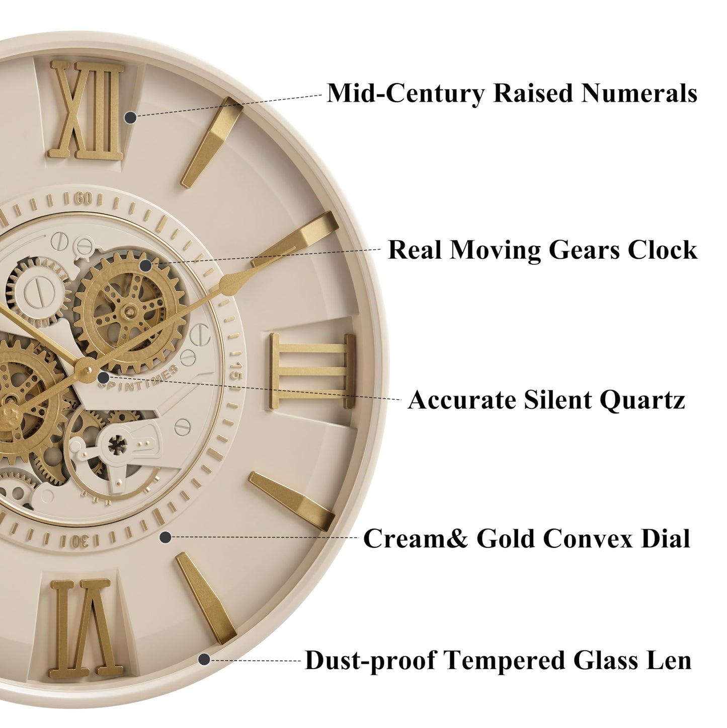 CLXEAST Mid Century Minimalist Modern Wall Clocks,24 Inch Wall Clock with Moving Gears, Large Cream Gold Wall Clocks for Living Room Decor,House Warming Gifts New Home