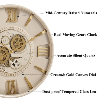 CLXEAST Mid Century Minimalist Modern Wall Clocks,24 Inch Wall Clock with Moving Gears, Large Cream Gold Wall Clocks for Living Room Decor,House Warming Gifts New Home