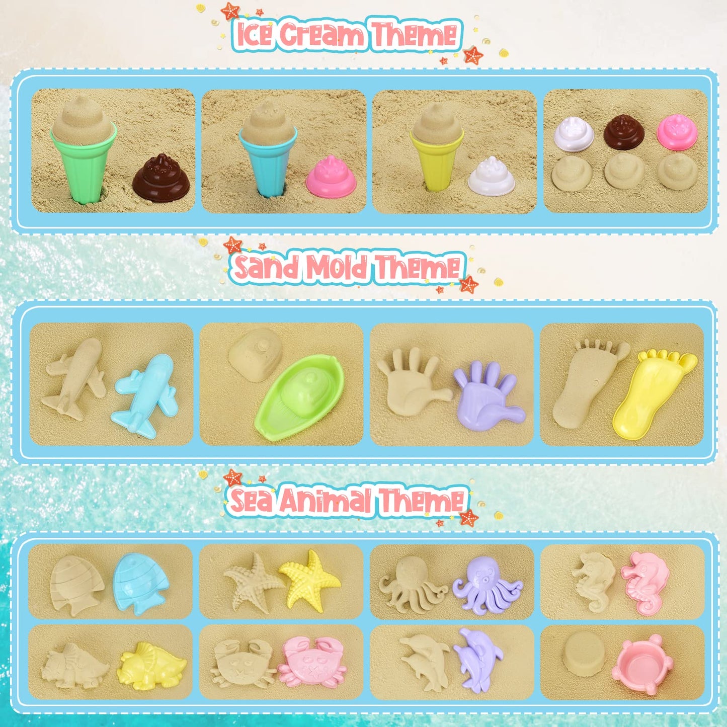 REZUCREY Beach Toys, Ice Cream Sand Toys for Toddlers, with Collapsible Bucket and Shovels for Kids with Bag, Travel Toys for Boys Baby Girls Age 3 4 5 6 7 8+