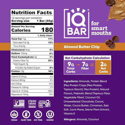 IQBAR Clean Plant Protein Bars, Almond Butter Chip 12-Count | Protein Snack | High Fiber, High Protein, Low Sugar, Clean Label Project Certified | Gluten Free, Dairy Free, Vegan, Keto, Soy Free
