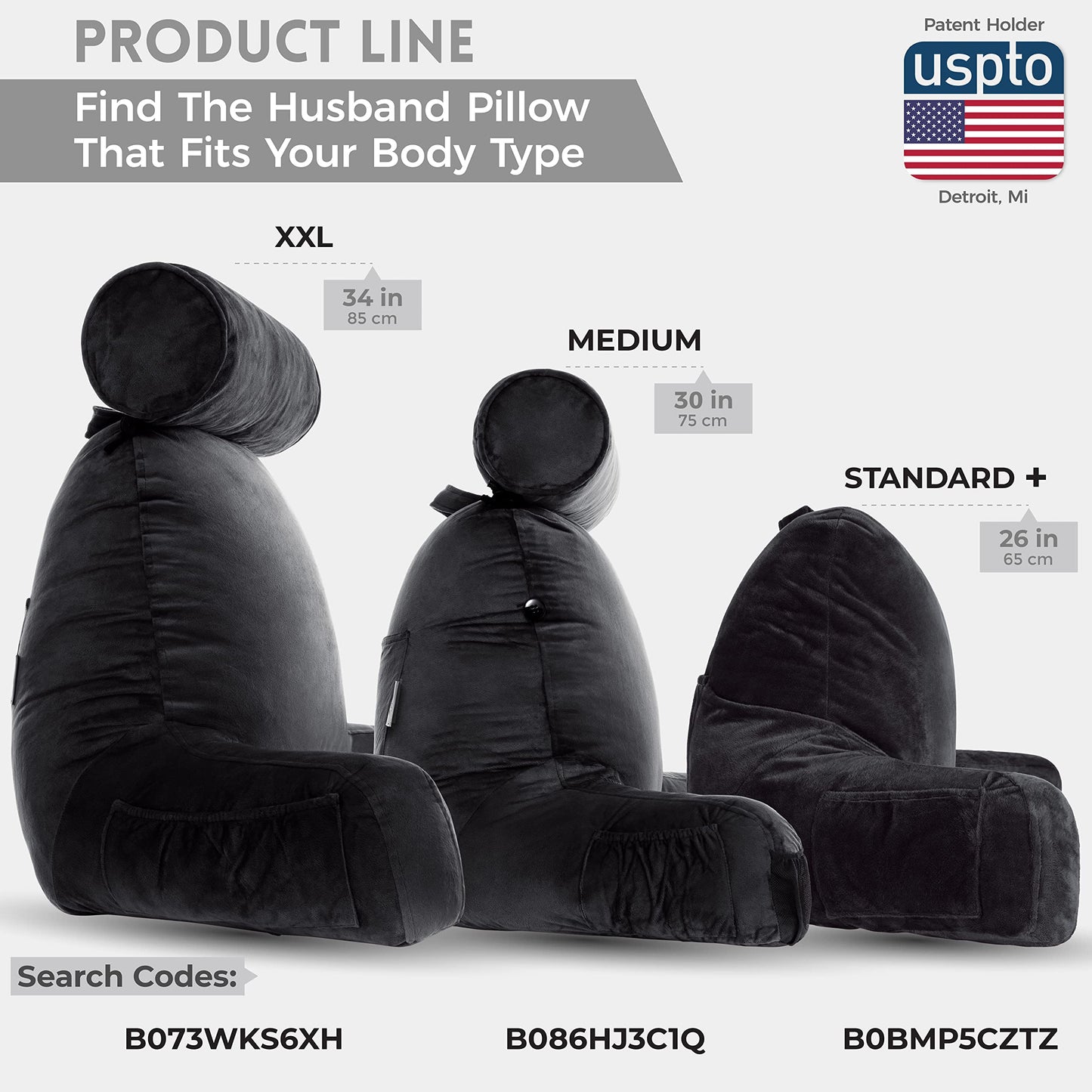 Husband Pillow XXL The Original for Adults - 30" Tall Backrest for Sitting Up in Bed - Firm Support Reading & Bed Rest Pillows for Adults, Neck Roll, Removable Cover - TV - Dark Grey