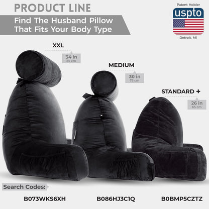 Husband Pillow XXL The Original for Adults - 30" Tall Backrest for Sitting Up in Bed - Firm Support Reading & Bed Rest Pillows for Adults, Neck Roll, Removable Cover - TV - Dark Grey