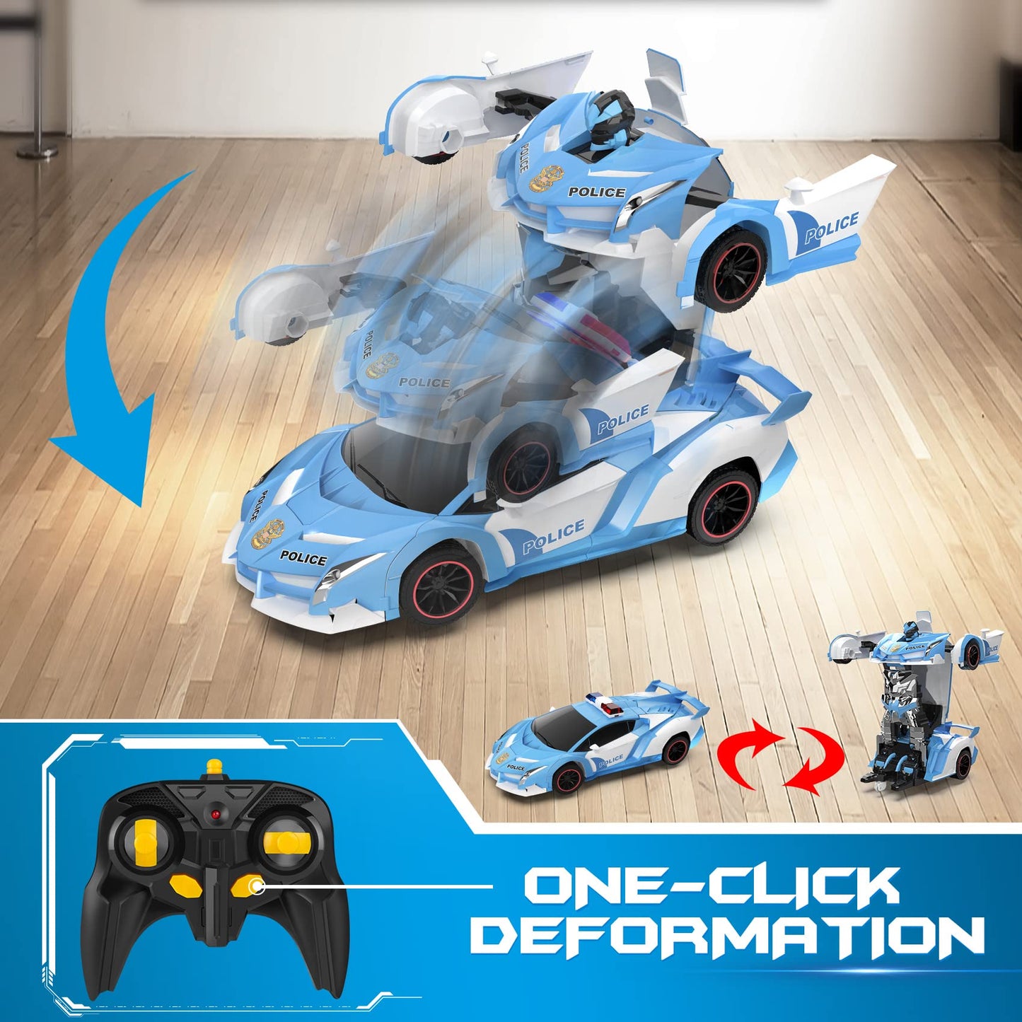 FDJ Remote Control Car - Transform Toys Car Robot, One Button Deformation to Robot with Flashing Light, 2.4Ghz 1:18 Scale Transforming Police Car Kids Toys with 360 Degree Rotating, Girls Boys Toys