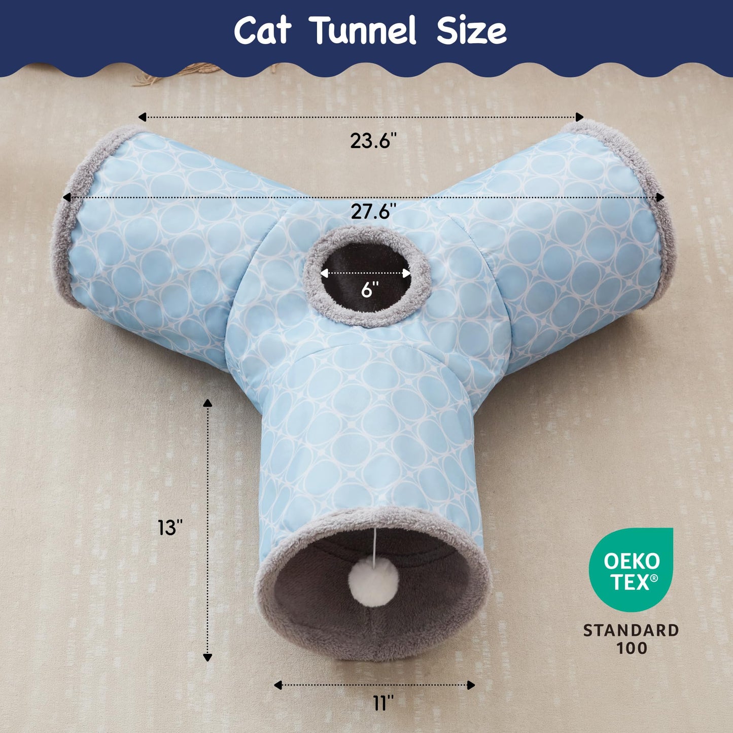 Tempcore Pet Cat Tunnel Tube Toys 3 Way Collapsible, Tunnels for Indoor Cats, Interactive Tube with Teaser Wand, Peek Holes & Hanging Ball, Black & Blue