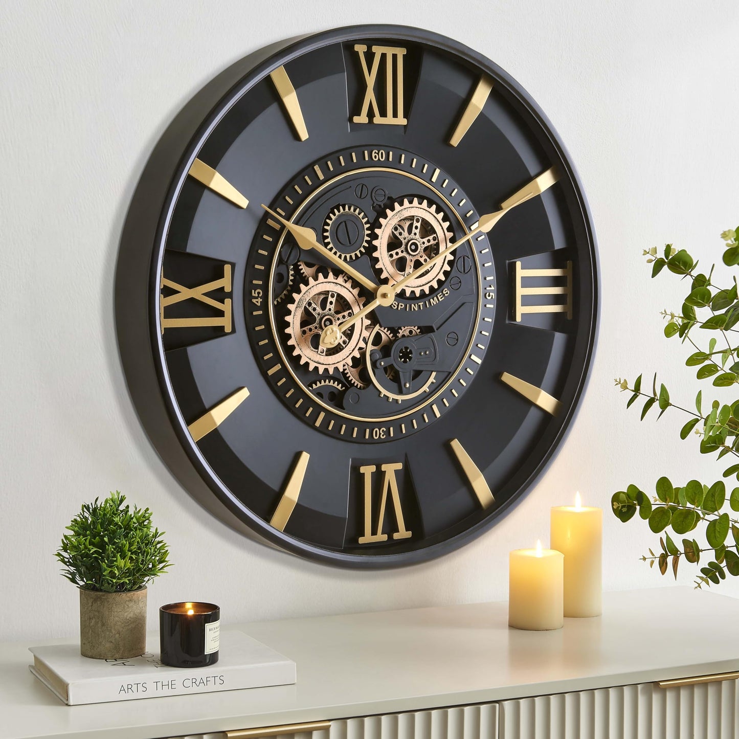 CLXEAST Mid Century Minimalist Modern Wall Clocks,24 Inch Wall Clock with Moving Gears, Large Cream Gold Wall Clocks for Living Room Decor,House Warming Gifts New Home