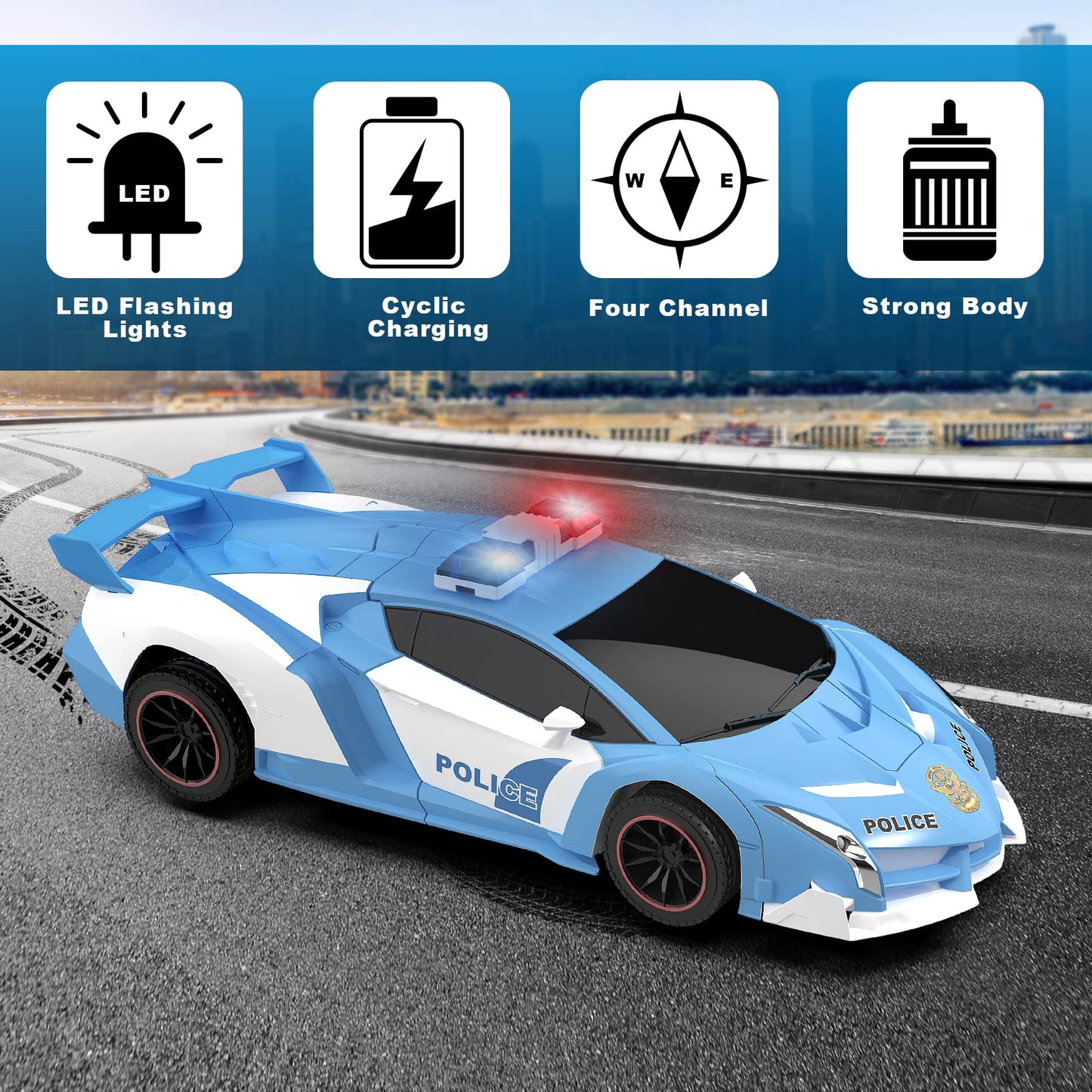 FDJ Remote Control Car - Transform Toys Car Robot, One Button Deformation to Robot with Flashing Light, 2.4Ghz 1:18 Scale Transforming Police Car Kids Toys with 360 Degree Rotating, Girls Boys Toys