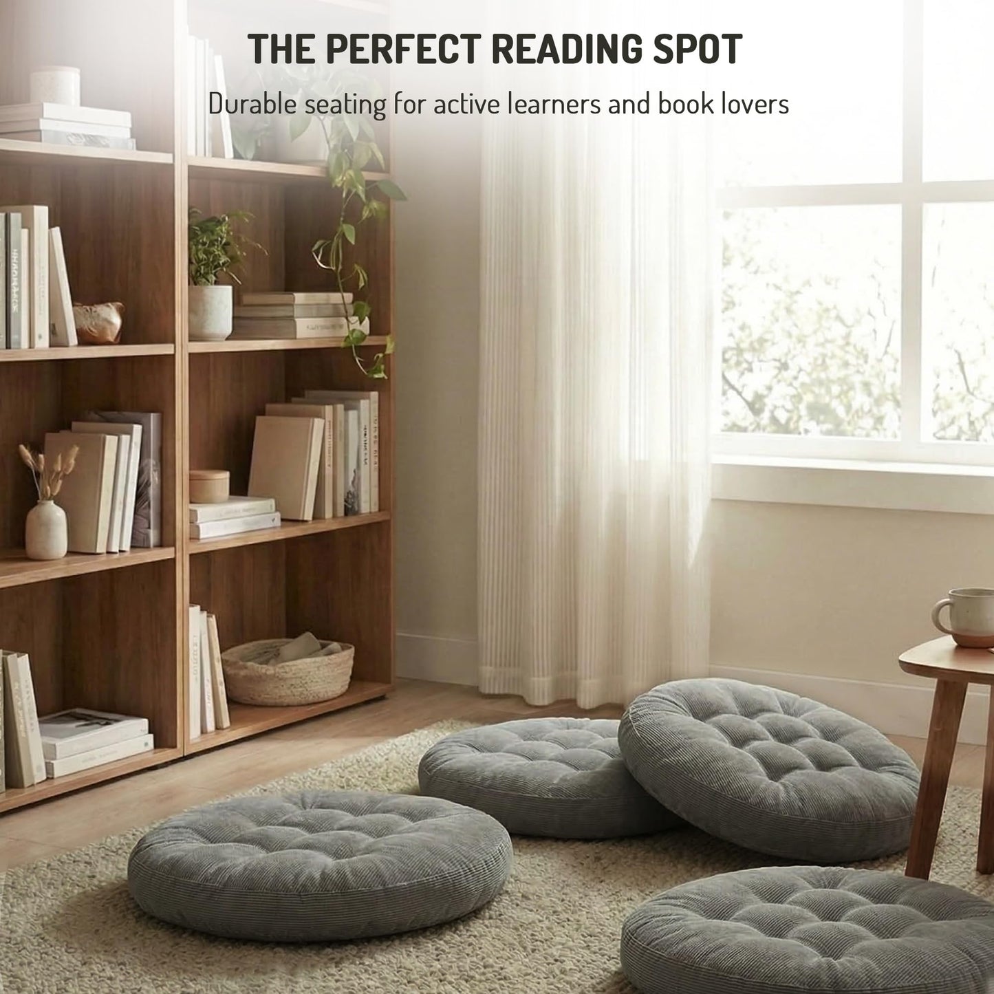 Meditation Floor Pillow Set of 2, Round Large Pillows Seating for Adults, Tufted Corduroy Cushion for Living Room Tatami, Beige 22 Inch