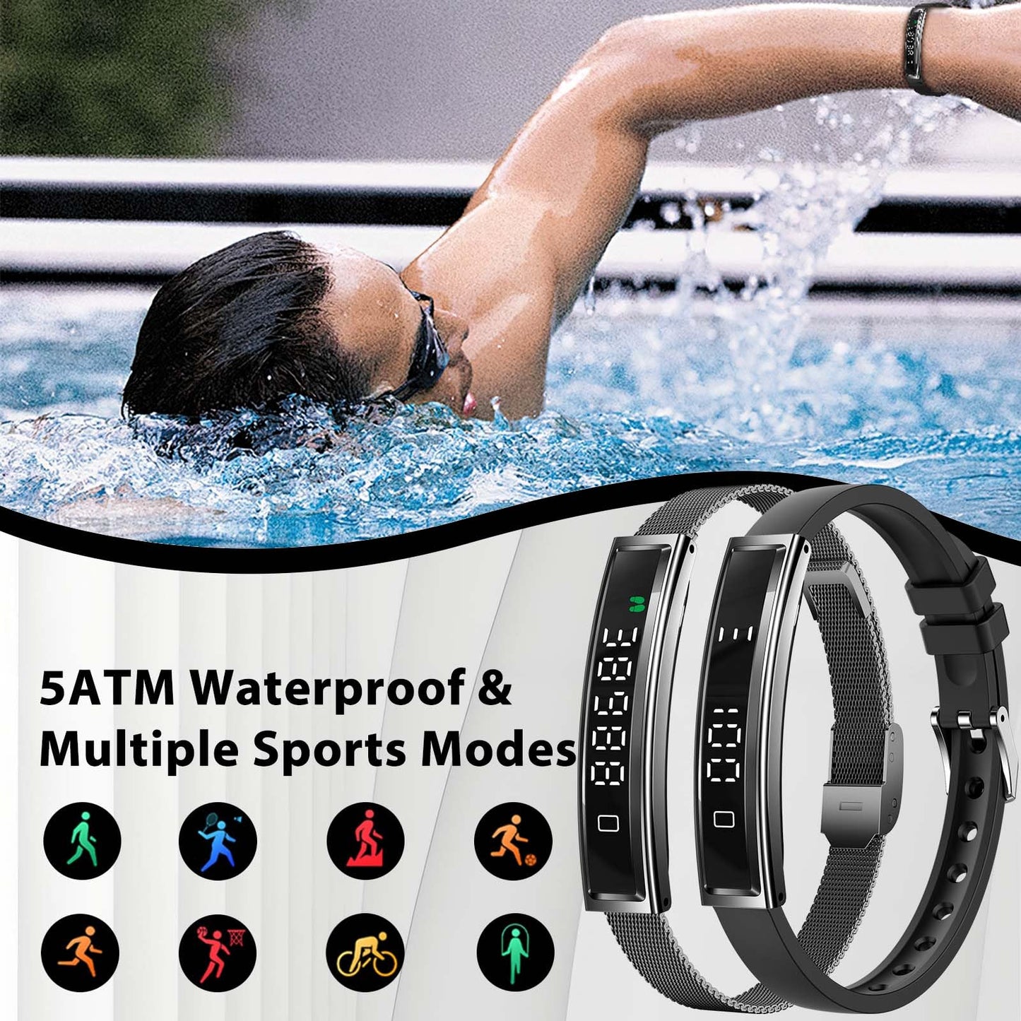 Smart Bracelet Fitness Health Tracker for Men Women with 2 Bands | 24/7 Heart Rate/Pressure Detection/Sleep Monitor, 5ATM Waterproof, Multiple Sport Modes, Android iOS Compatible