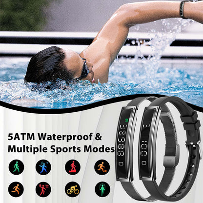 Smart Bracelet Fitness Health Tracker for Men Women with 2 Bands | 24/7 Heart Rate/Pressure Detection/Sleep Monitor, 5ATM Waterproof, Multiple Sport Modes, Android iOS Compatible