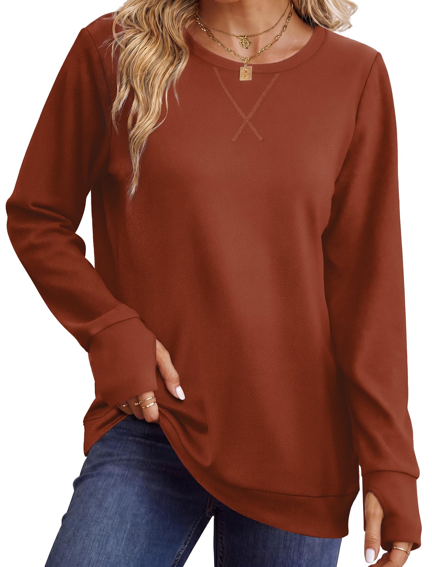 WIHOLL Womens Crewneck Sweatshirt Thumb Hole Long Sleeve Casual Fall Tops | Erly Fall Fashion, School Teacher Outfits, Long Sleeve Shirts, Winter Clothes, Pullover, Lightweight, Trendy
