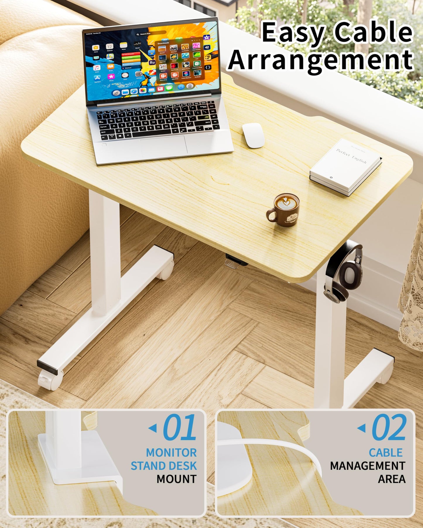 Okin Small Electric Standing Desk, 36" x 24" Whole Piece Height Adjustable Desk, Oak Sit to Stand Computer Workstation with Wheels for Home Office