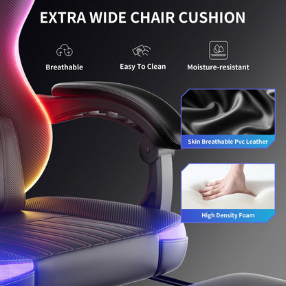 Ergonomic Gaming Chair, RGB LED Lights Computer Chairs with Retractable Footrest, 400 lbs Lumbar Support Linked Armrests Gamer Chair High Back Heavy Duty Video Game Chairs (Black Red)