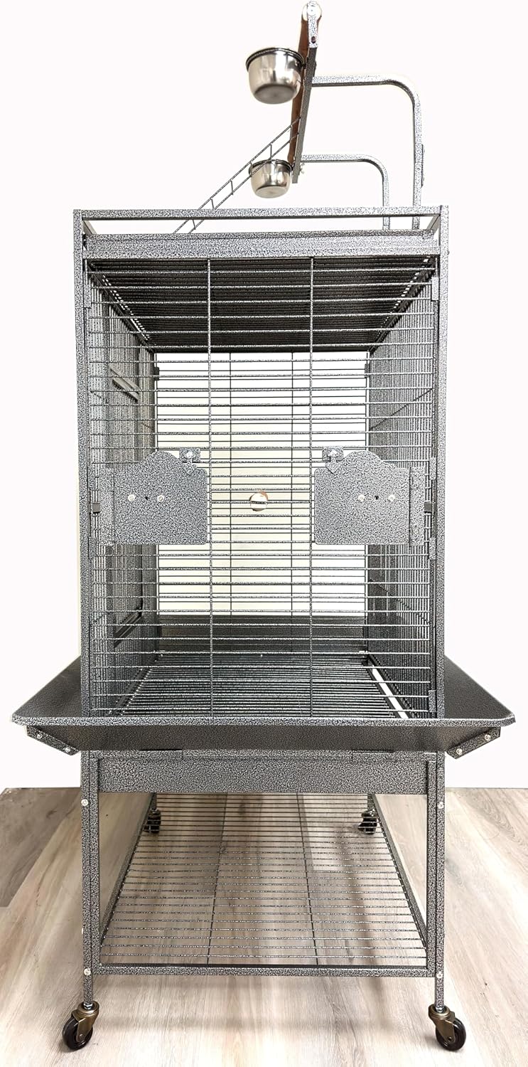 Large Elegant and Durable Wrought Iron Play Ground Perch Stand Top Climbing Ladder Bird Parrot Rolling Metal Cage with Around Seed Guard Storage Shelf On Heavy Duty Lockable Rolling Wheels