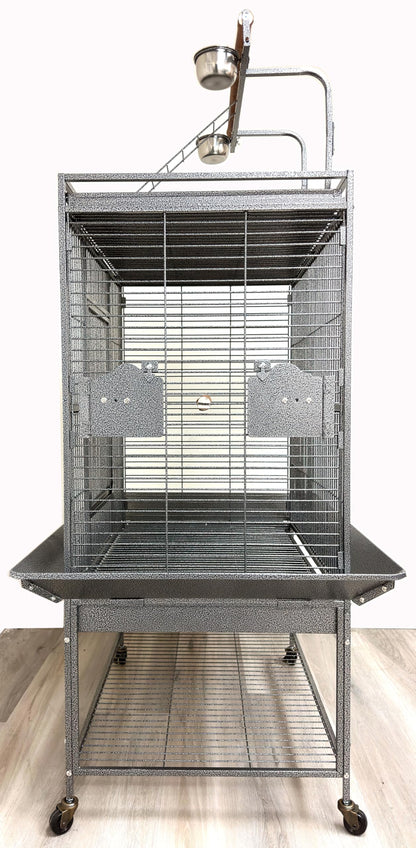 Large Elegant and Durable Wrought Iron Play Ground Perch Stand Top Climbing Ladder Bird Parrot Rolling Metal Cage with Around Seed Guard Storage Shelf On Heavy Duty Lockable Rolling Wheels