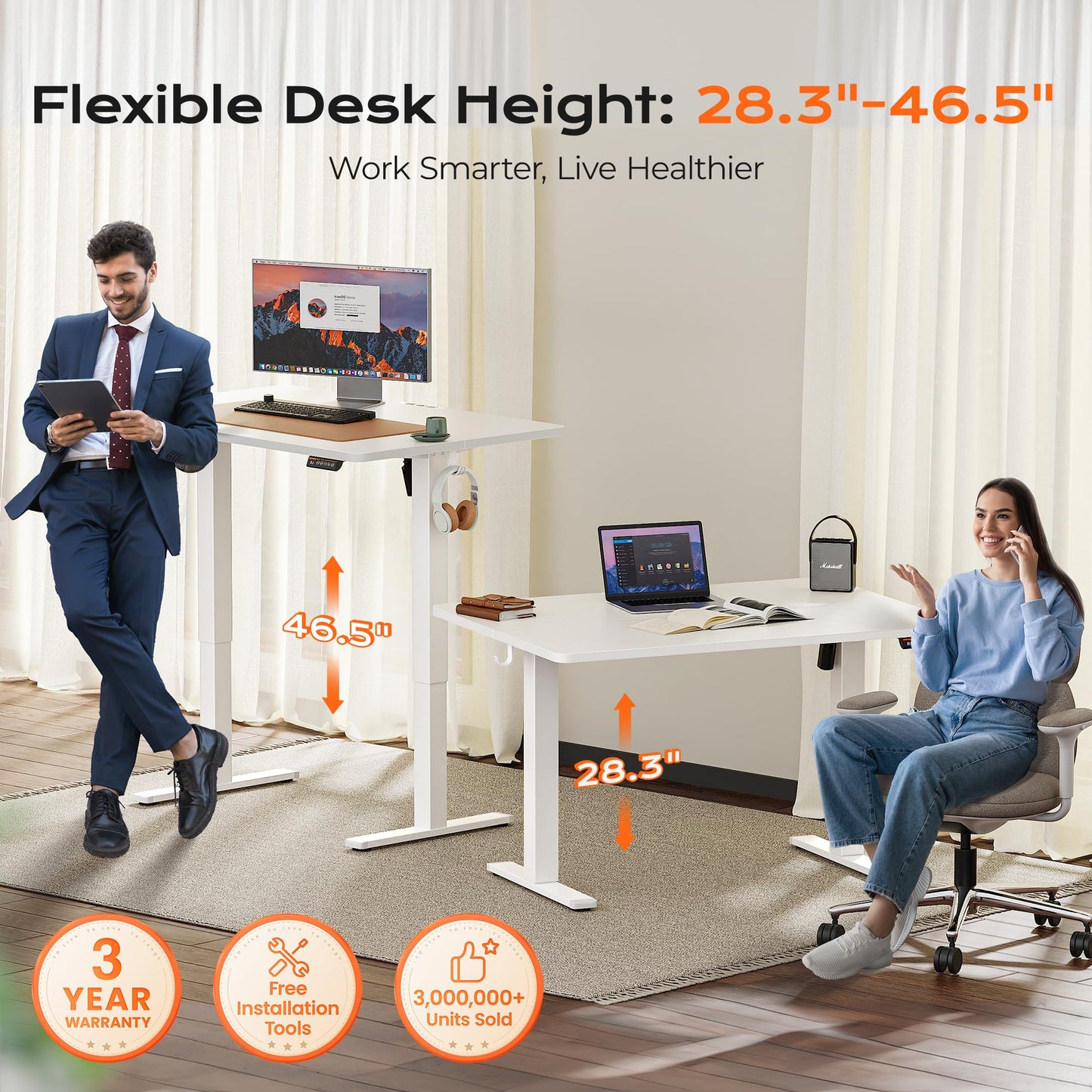 Huuger 55 x 28 Large Electric Standing Desk, Height Adjustable Computer Desk, 27.6" Deep Desktop, Stand up Gaming Office Table with 2 Hooks, 3 Preset Heights, for Home Office, Black