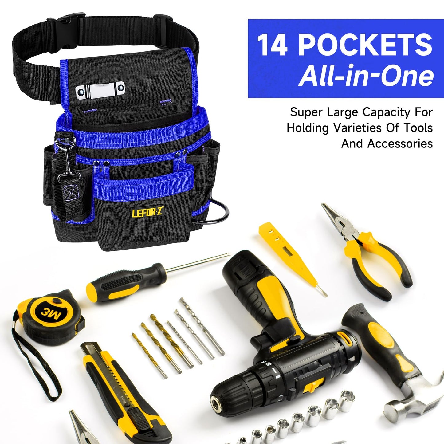 Tool Belt,Magnetic Tool Pouch,14-Pockets Tool Belts for Men,Detachable & Adjustable Tool Pouch belt for Electrician,Carpenter,Construction,Work Apron,Utility Belt,Black-Yellow