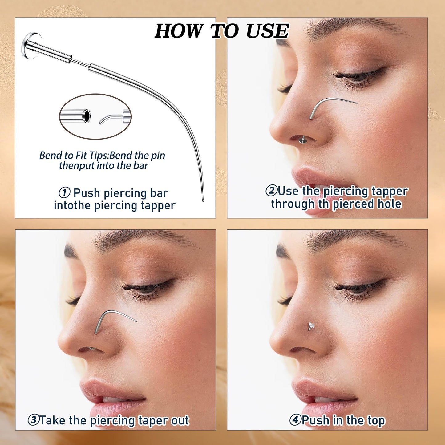GEMQUEEN Piercing Taper Ball Grabber Tool for Changing Jewelry - 14G 16G 18G 20G Stainless Steel Flat Back Earrings Applicator Tool Threadless Insertion Pin Thread Body Piercing Kit for Ear Nose Lip
