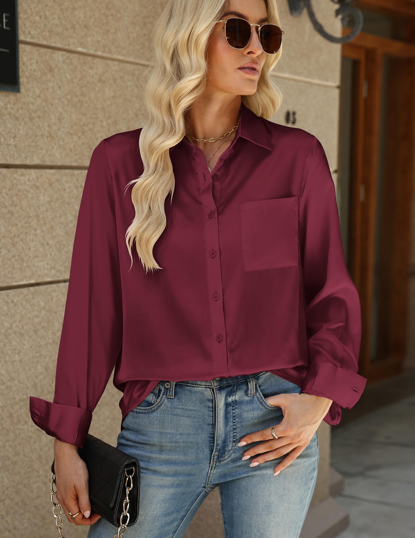 Zeagoo Womens Tops Satin Blouse Long Sleeve Shirts V Neck Dressy Casual | Button Down Business Outfits Fall Fashion With Pockets
