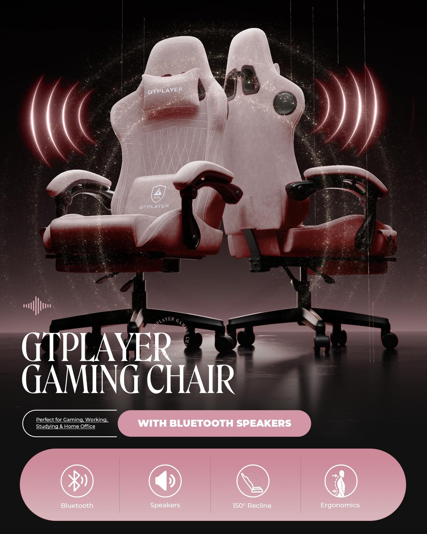GTPLAYER Gaming Chair for Adults, Ergonomic Computer Game Chairs with Speakers, Footrest & Linkage Armrest, Reclining High Back Silla Gamer for Home Office, Ace Pro, Off-White