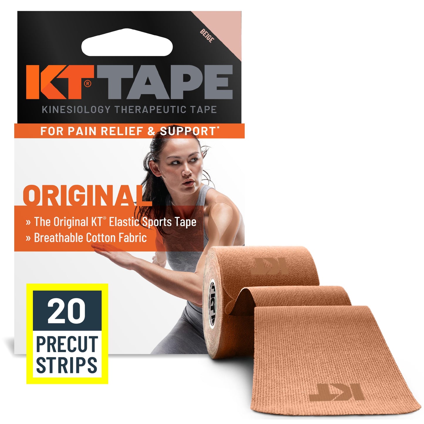 KT Tape, Original Cotton, Elastic Kinesiology Tape, Everyday Muscle and Joint Support, Daily Pain Relief, 20 Count, 10” Precut Strips, Black