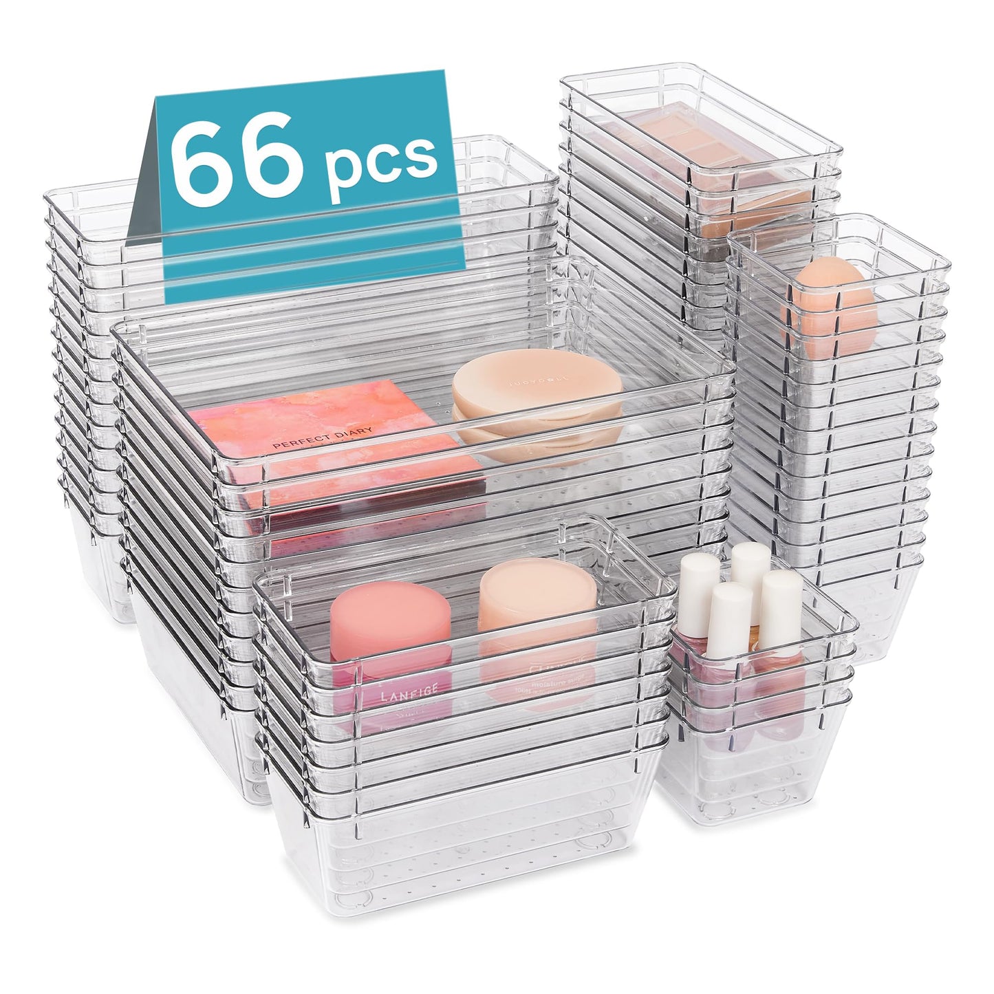 Vtopmart 25 PCS Clear Plastic Drawer Organizers Set, 4-Size Versatile Bathroom and Vanity Drawer Organizer Trays, Storage Bins for Makeup, Bedroom, Kitchen Gadgets Utensils and Office