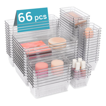 Vtopmart 25 PCS Clear Plastic Drawer Organizers Set, 4-Size Versatile Bathroom and Vanity Drawer Organizer Trays, Storage Bins for Makeup, Bedroom, Kitchen Gadgets Utensils and Office