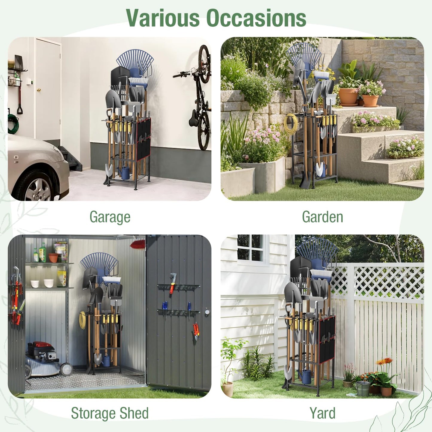 Garden Tool Organizer,Metal Yard Tool Organizer ,Holds 50 Long-Handled Tools/Rakes/Brooms,Side Garden Pocket ,Heavy Duty Steel Yard Tool Storage Rack for Garage,Shed, Outdoor