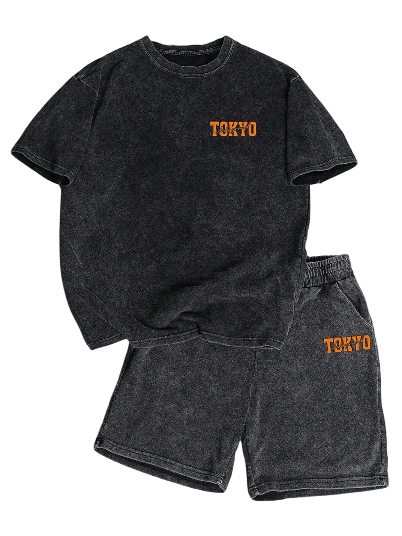 BEAUDRM Men's Y2k 2 Piece Vintage Outfits Punk Grunk Graphic Wash Short Sleeve T-Shirt and Drawstring Shorts Streetwear