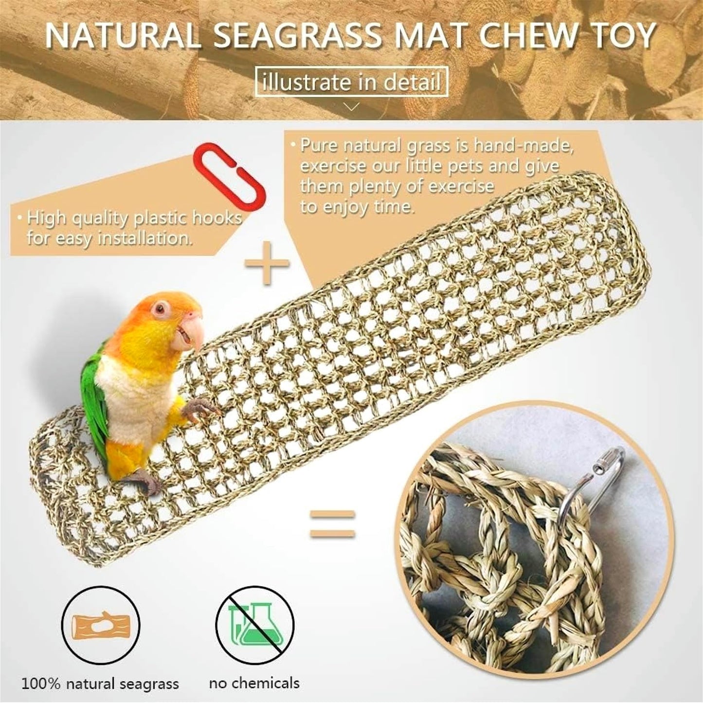 Bird Seagrass Mat 30 x 7 Inch Parrot Natural Seagrass Woven Net Hammock Parakeet Climbing Rope Ladder Mat Chew Toys Cage Accessories for Pigeon Macaw Cockatiel Conure Cockatoo Rat Bearded Dragon
