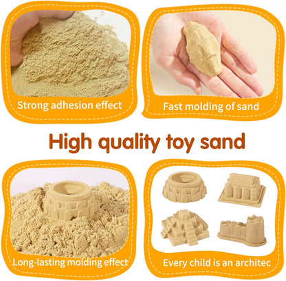 Play Construction Sand Kit,2.2lbs Magic Sand,8 Alloy Construction Vehicles,1 Inflatable Sandbox,8 Worker Figures and Road Signs,6 Castle Molds,1 Storage Box, Sensory Toys for Kids Ages 3+