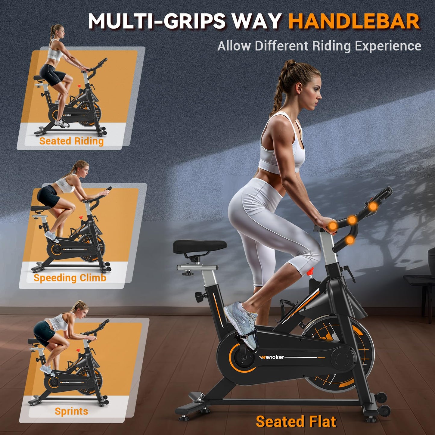 Wenoker Exercise Bike,Indoor Spin Bike with Adjustable Resistance Bluetooth Fitness App, 350 LBS Heavy Duty Frame,Smooth Quiet Belt Drive, Adjustable Handlebars & Seat with Transport Wheels