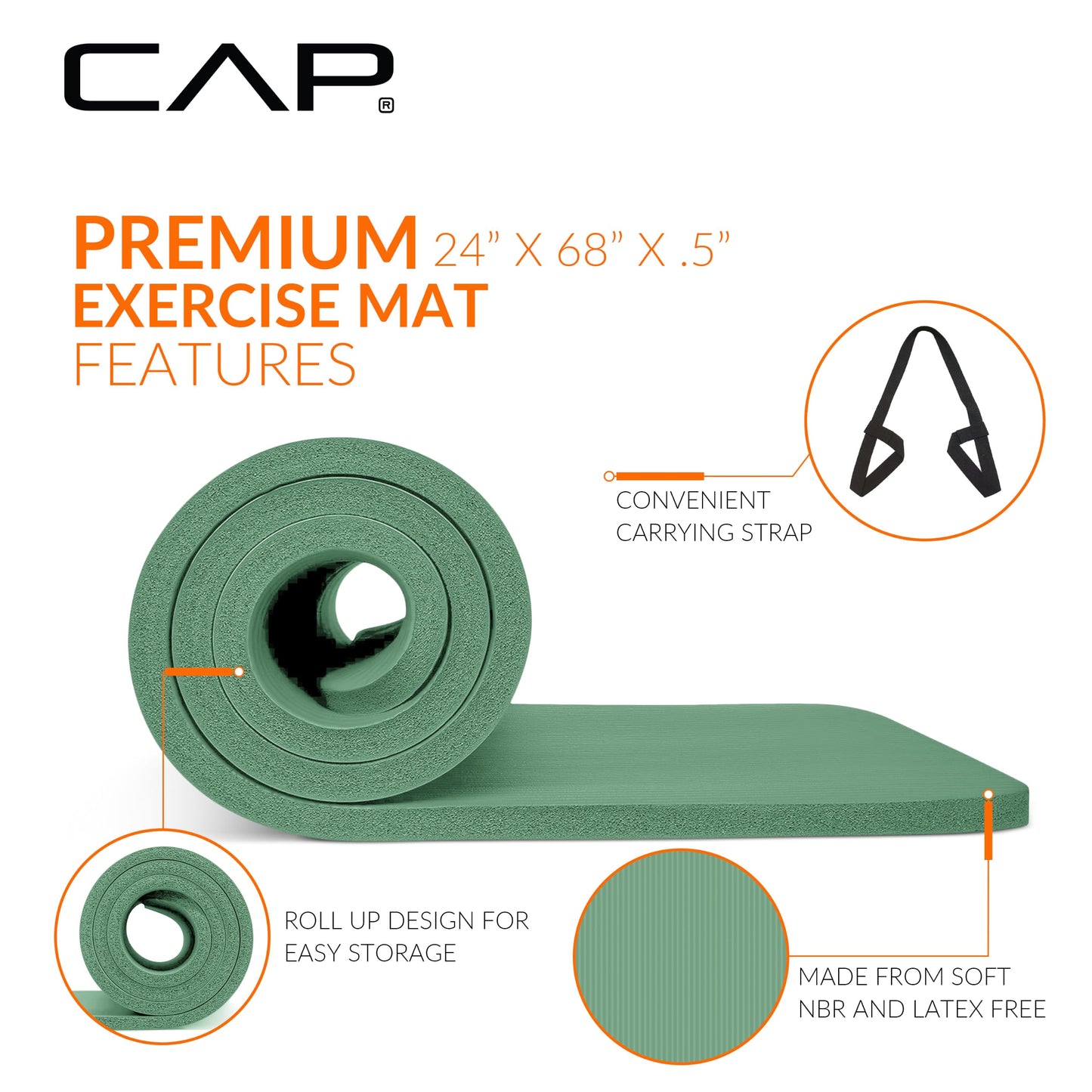 CAP Barbell 1/2-Inch High Density Exercise Yoga Mat with Strap | Multiple Options