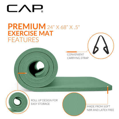 CAP Barbell 1/2-Inch High Density Exercise Yoga Mat with Strap | Multiple Options