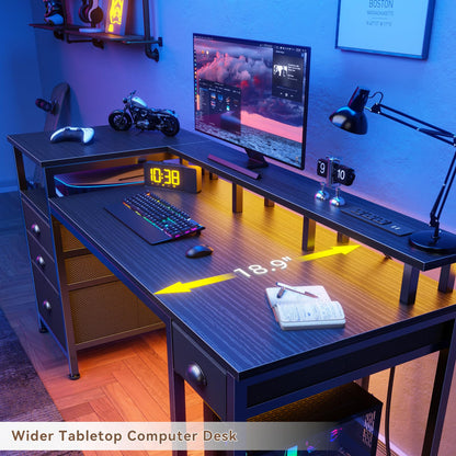 Furologee 60" Black Computer Desk with 4 Drawers and Printer Space, Gaming Desk with LED Lights and USB Power Outlets, Home Office Desk with Fabric File Cabinet,Study Work Table with Shelf for Bedroom