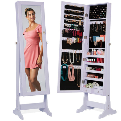 Best Choice Products Freestanding Jewelry Armoire Cabinet, Full Length Standing Mirror, Lockable Makeup Storage Organizer, w/Velvet Lining, 3 Angles, Lock, Accessory Pouch, 5 Shelves - White