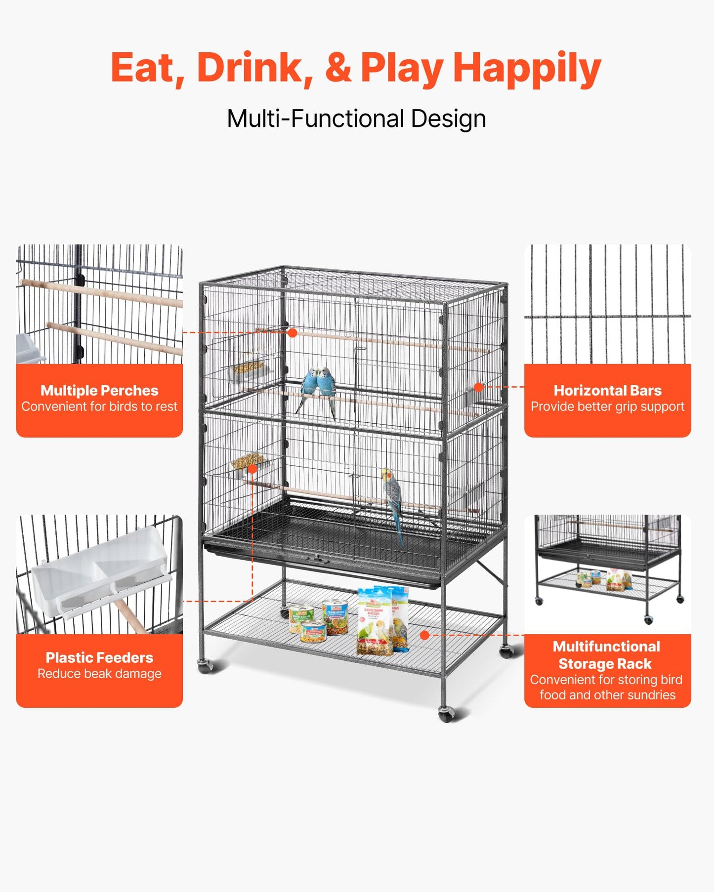 VEVOR Bird Cage, 24.6 x 16.7 x 53.9 inch, Flat Top, Wrought Iron Bird Flight Cage with Perches, Slide-Out Tray and Plastic Feeders, Casters, for Parrot, Blue Tit, Cockatiel, Canary, Budgerigar, Conure