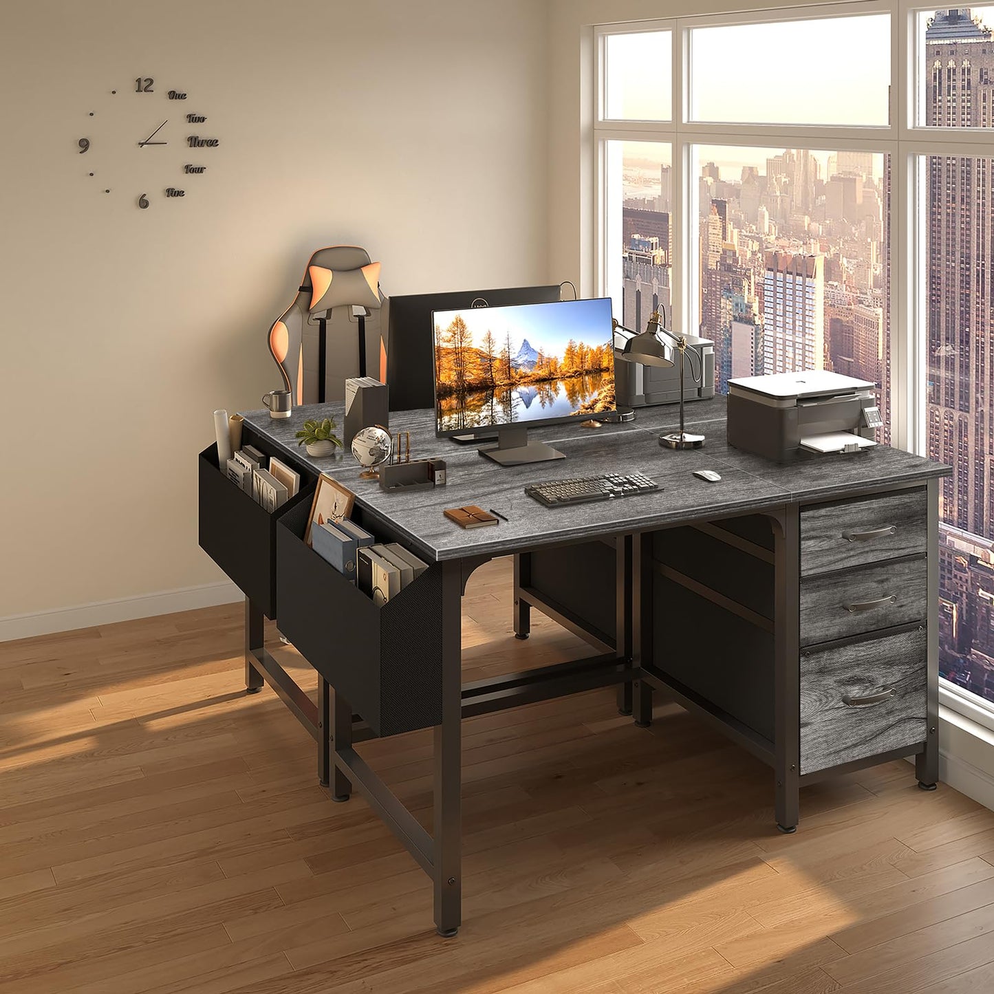 Lufeiya Computer Desk with File Drawers Cabinet, 47 Inch Reversible Home Office Desks with Filing Cabinet for Small Space, Gaming Study Writing Table PC Desks, Black