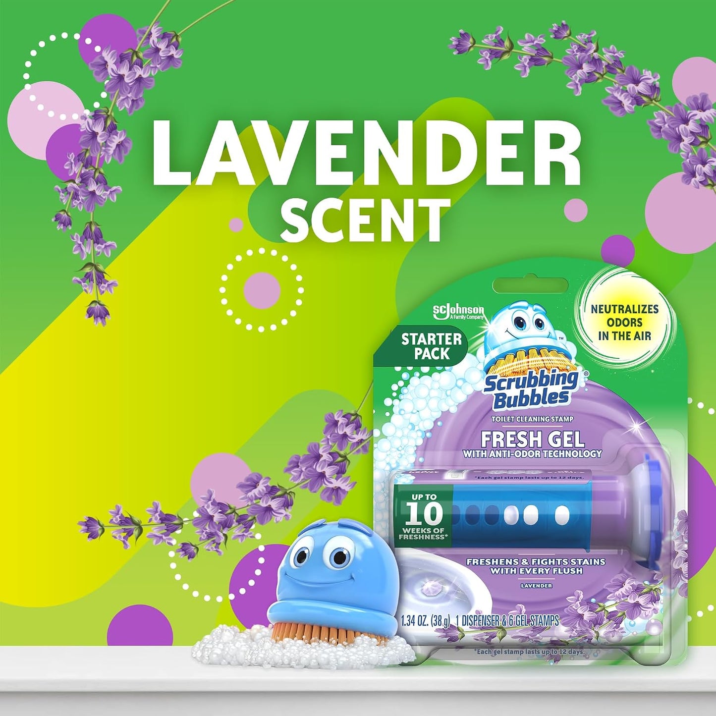 Scrubbing Bubbles Fresh Gel Toilet Bowl Cleaning Stamps, Helps Keep Toilet Clean and Helps Prevent Limescale & Rings, Lavender Scent, 1 Dispenser with 6 Fresh Gel Stamps (Pack of 2)