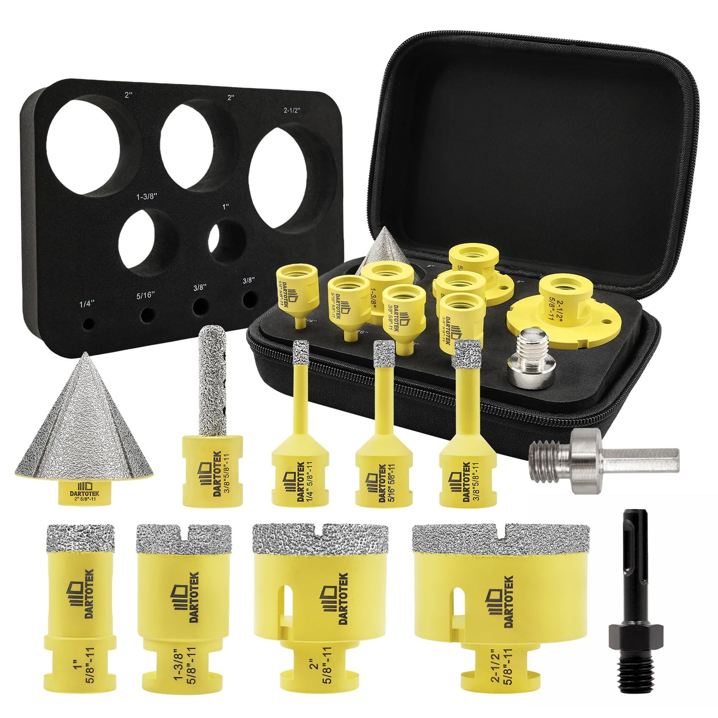Diamond Core Drill Bits Set for Tile, DARTOTEK 10PCS Porcelain Hole Saw Kit with Aluminum Case, (6/6/8/20/35/50/65mm+2" Chamfer bit +SDS Adapter, Dry/Wet Drilling for Ceramic, Granite & Marble