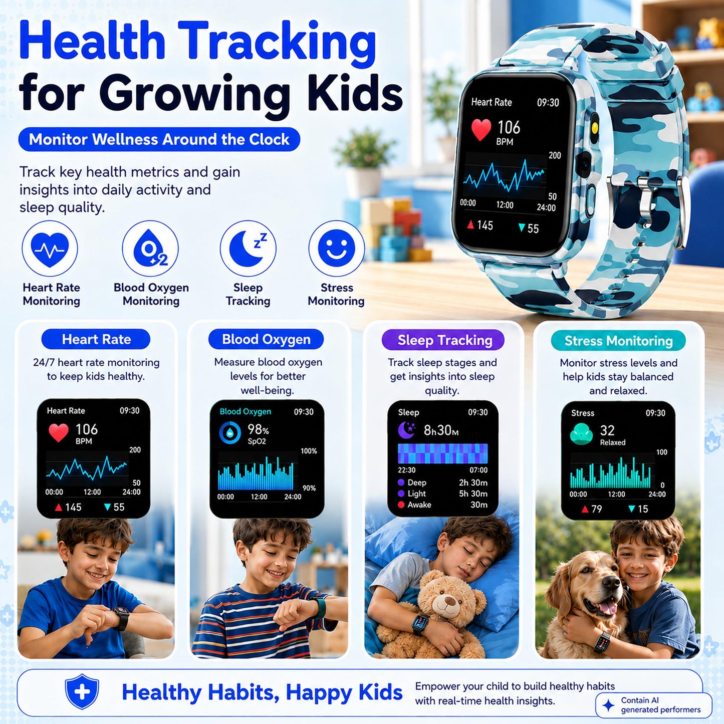 Smart Watch for Kids Boys Age 5-12, Ai Functions Games HD Touch Screen Watches with Video Camera Music Player Pedometer Heart Rate Sleep Tracker Christmas Birthday Gifts for Boys (Camouflage, 1.85")