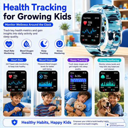 Smart Watch for Kids Boys Age 5-12, Ai Functions Games HD Touch Screen Watches with Video Camera Music Player Pedometer Heart Rate Sleep Tracker Christmas Birthday Gifts for Boys (Camouflage, 1.85")