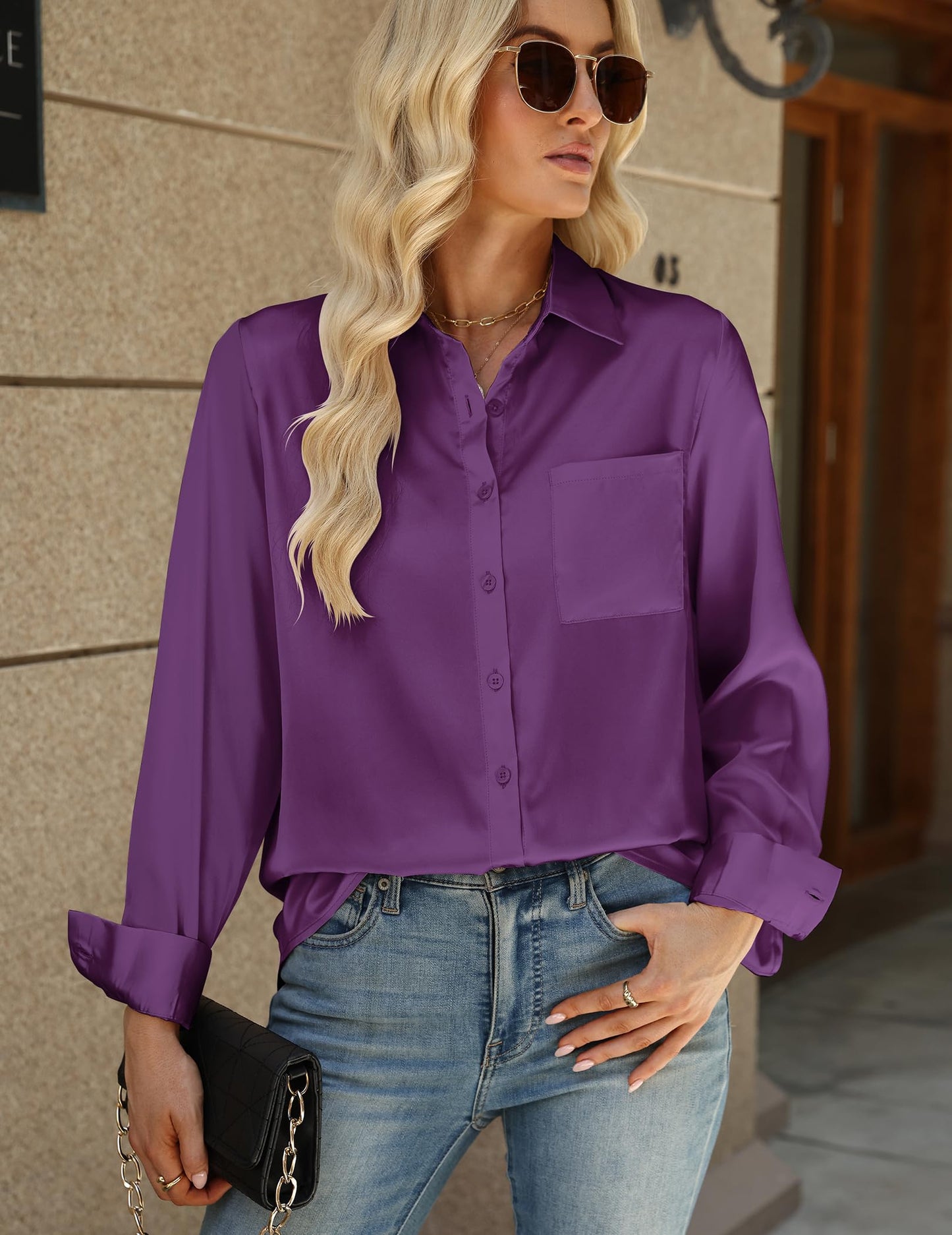 Zeagoo Womens Tops Satin Blouse Long Sleeve Shirts V Neck Dressy Casual | Button Down Business Outfits Fall Fashion With Pockets