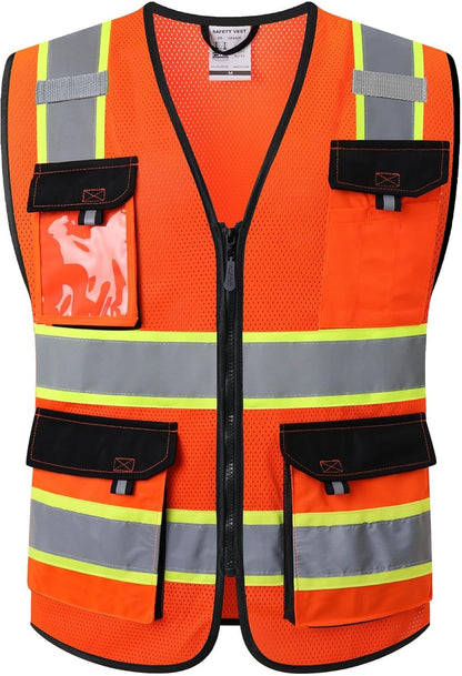 JKSafety Hi Vis Reflective Safety Vests for Men Women High Visibility Vest with Pockets Mesh Fabric Construction Safety Apparel Neon Vest for Work (220-Yellow L)