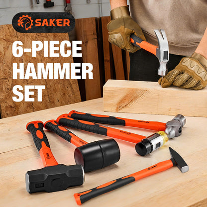 Saker 5-Piece Hammer Set,3lb Sledge Hammer,16oz Rubber Mallet, 16oz Ball Peen Hammer & Claw Hammer, 7oz Cross Peen Hammer for Home Repair & DIY Projects